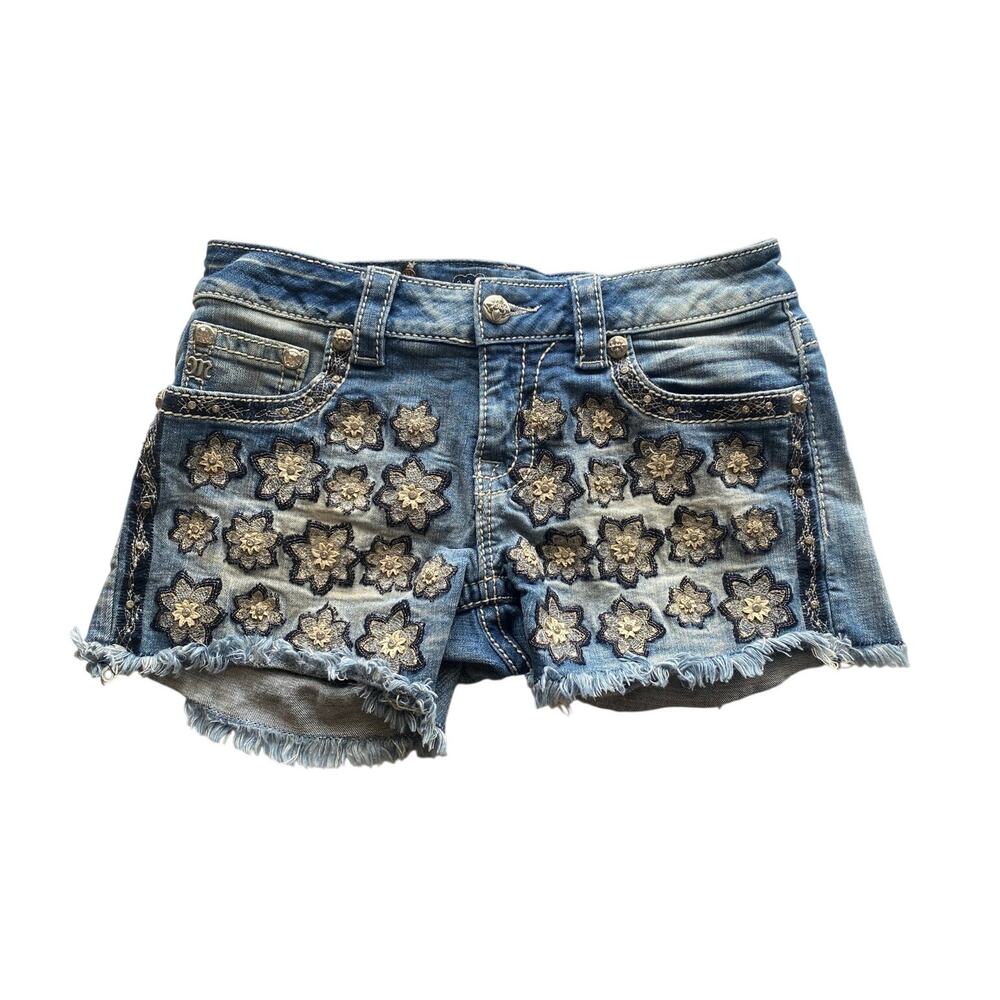 Miss Me Blue Denim Floral Embroidered Jean Shorts